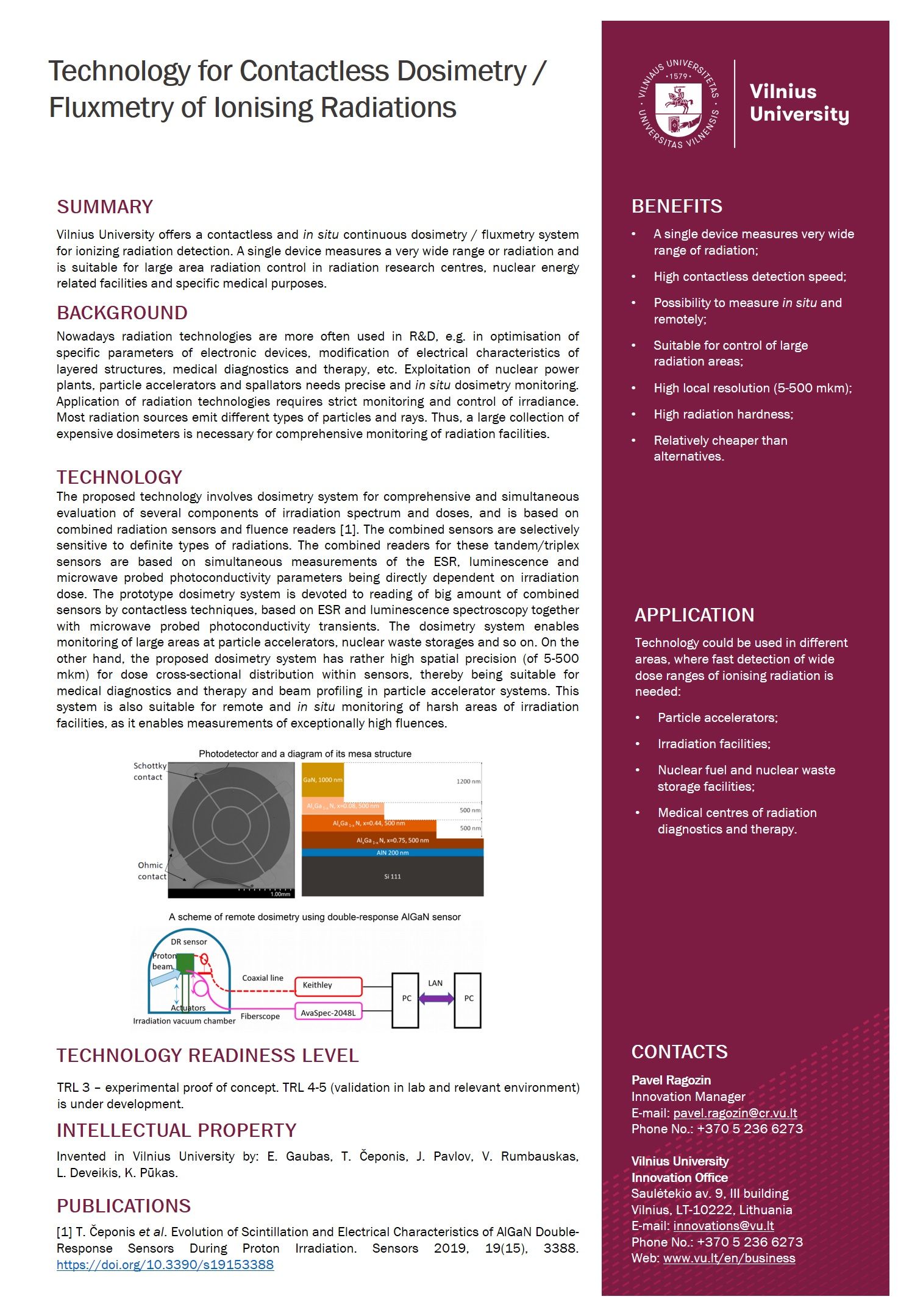 Onepager Technology for Contactless Dosimetry Fluxmetry of Ionising Radiations