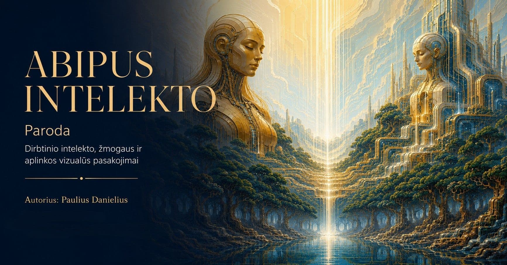 Parodos „Abipus intelekto“ vizualas: tamsiai mėlynos ir aukso spalvų futuristinė kompozicija, kurioje vaizduojamos dvi žmogaus ir dirbtinio intelekto formas primenančios figūros, susiliejančios su technologinėmis struktūromis, mišku ir vandens atspindžiais. Kairėje pusėje pateikiamas tekstas: „ABIPUS INTELEKTO. Paroda. Dirbtinio intelekto, žmogaus ir aplinkos vizualūs pasakojimai. Autorius: Paulius Danielius“.