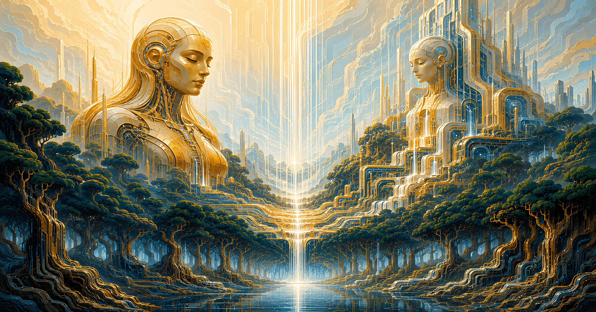 Visual for the exhibition “Beyond Intelligence”: a futuristic composition in dark blue and gold, featuring two figures resembling forms of human and artificial intelligence, merging with technological structures, a forest, and reflections on water. The text on the left reads: “BEYOND INTELLIGENCE. Exhibition. Visual narratives of artificial intelligence, humanity, and the environment. Author: Paulius Danielius.”