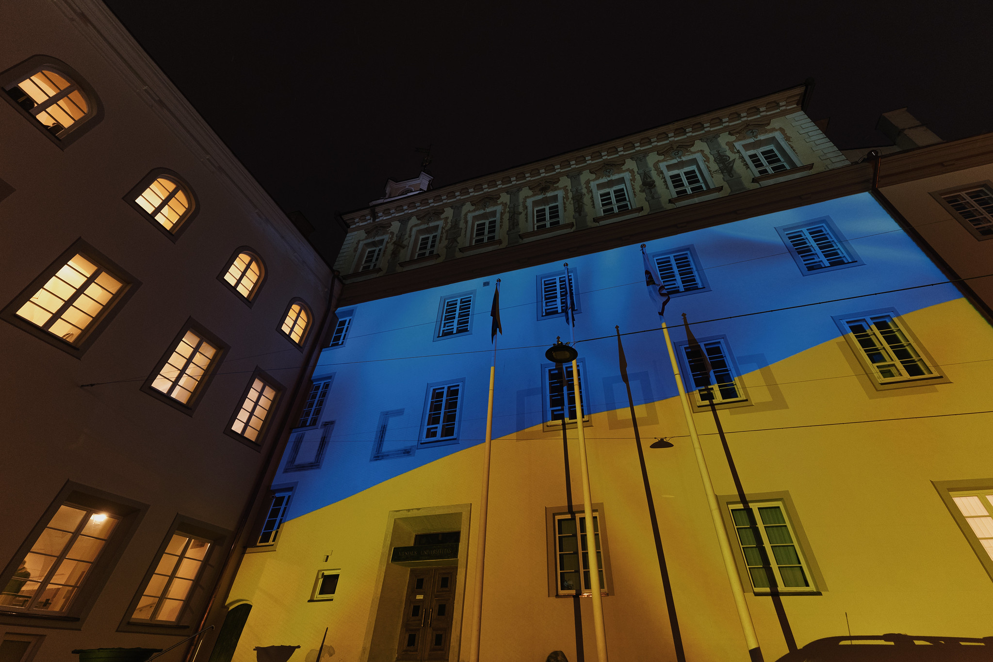 Vilnius University Building Lit up in Ukrainian Flag Colours