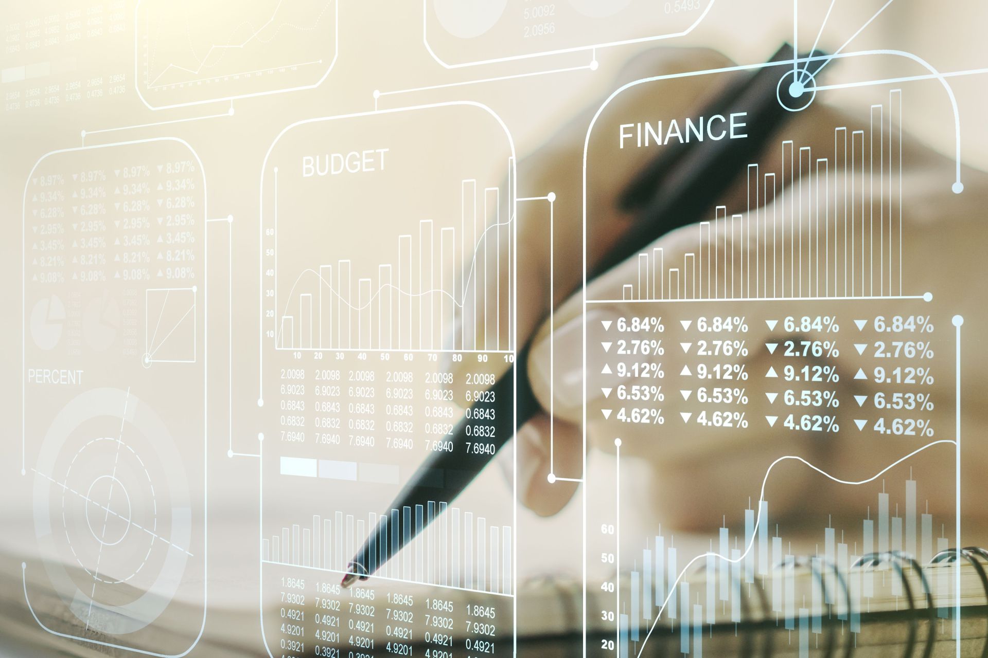 Double exposure of abstract creative statistics data hologram with woman hand writing in notepad on background, analytics and forecasting concept