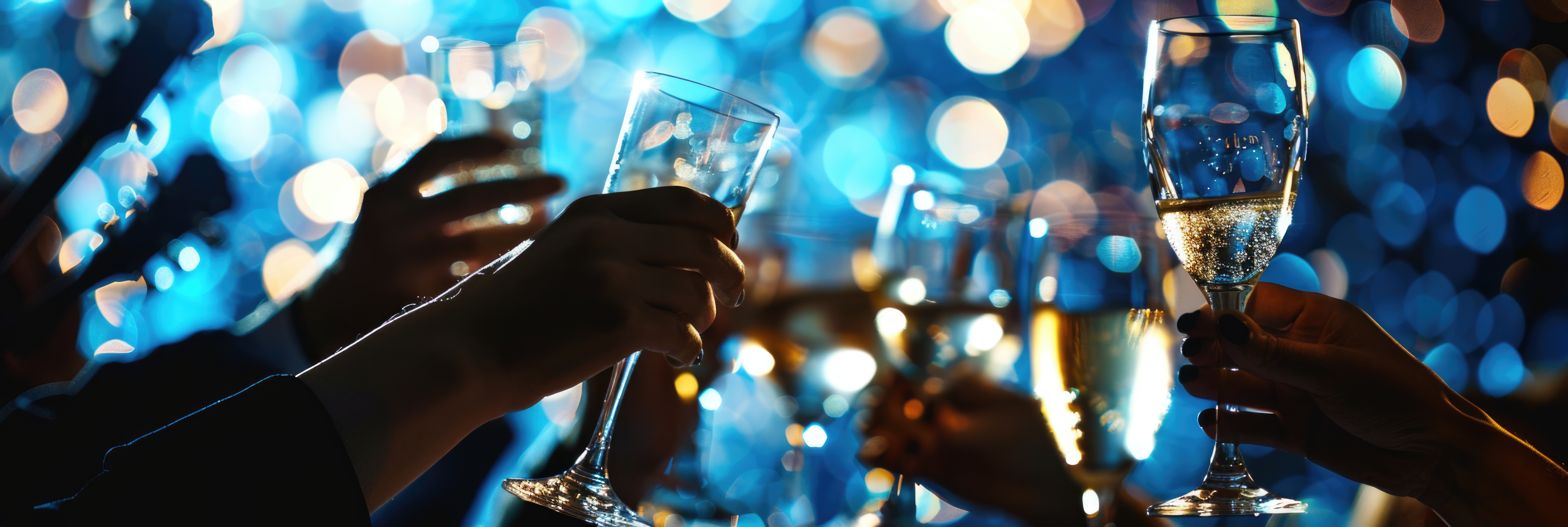 A group of people raise their glasses of champagne in a toast, celebrating at a festive nighttime event.